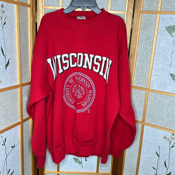 Vintage WISCONSIN UNIVERSITY Sweatshirt Pullover Sleeve Red 90s USA Large Unisex - Picture 1 of 6